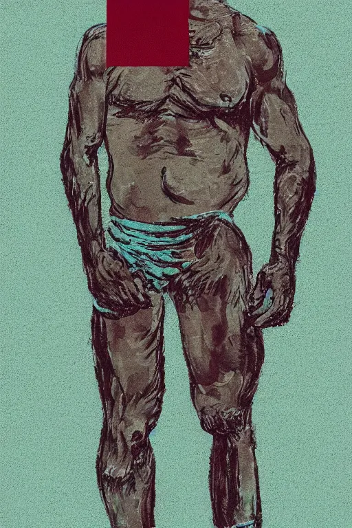 Image similar to portrait of a rugged ranger, muscular, upper body, hairy torso, in the style of Corporate Memphis, Francis Bacon, James Jean, Alegria style, Buck Studios artwork, gradients, simple, minimalist, medium shot