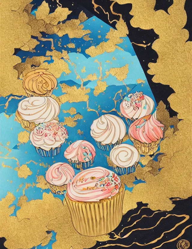 Image similar to spirit of cupcakes lost in the mountains. this gouache and gold leaf work by the award - winning mangaka has a beautiful composition and intricate details.