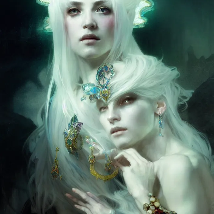 Image similar to a beatiful white haired princess, adorned with precious stone jewelry, intricate concept art, ethereal, ominous, dramatic lighting, Ruan Jia and Jeremy Mann and Alphonse Mucha