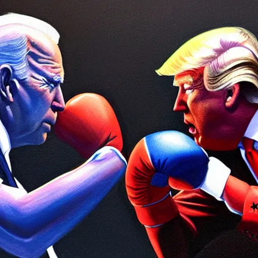 Image similar to Painting of Joe Biden and Donald Trump in a boxing match, realistic