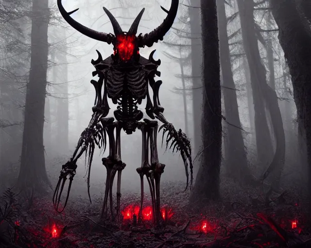 Image similar to 5 5 mm portrait photo of an armored demonic human skeleton with horns and red eyes, in a magical forest. dark atmosphere. art by greg rutkowski. highly detailed 8 k. intricate. lifelike. soft light. nikon d 8 5 0.