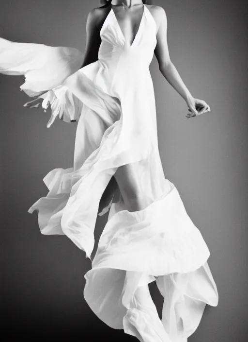 Prompt: a full body portrait of a beautiful woman by justin ridler wearing a billowing white dress