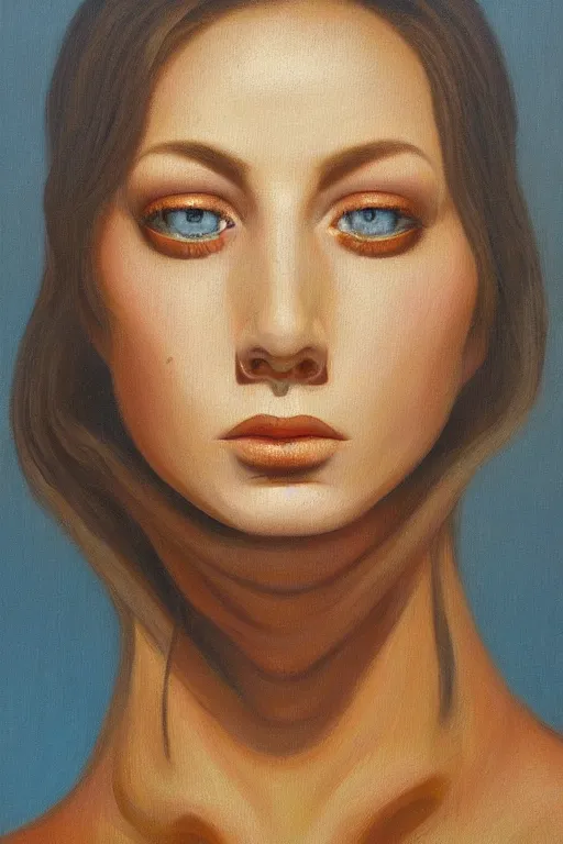 Prompt: a painting of a woman's face and neck, an oil painting by Vladimir Tretchikoff, cgsociety, neo-figurative, oil on canvas, dystopian art, darksynth