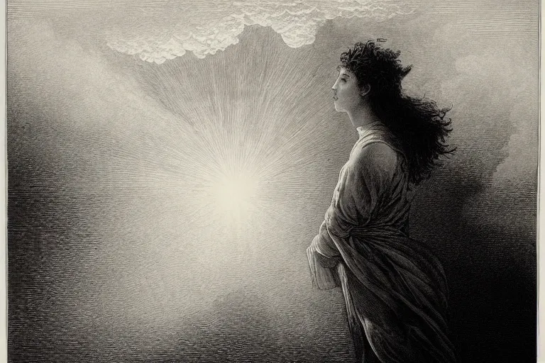 Prompt: black and white, young french woman illuminated by a beam of light through detailed clouds, Gustave Dore lithography