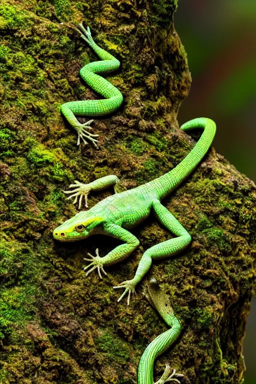 Image similar to a small photorealistic lizard on a moss covered rock, shiny scales, moss and vegetation, ancient forest, close - up, intricate details, intricately detailed textures, warm lighting, vivid colors, smoke and mist, hyper realistic octane render, volumetric shading, depth of field, raytracing, 8 k,