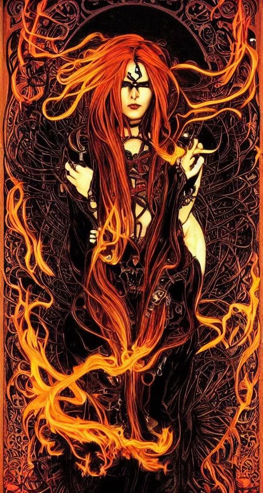 Image similar to a finely detailed beautiful!!! feminine cyberpunk ghost rider with skull face and long flowing hair made of fire and flames, dressed in black leather, by Alphonse Mucha, designed by H.R. Giger, legendary masterpiece, stunning!, saturated colors, black background, full body portrait, zoomed out to show entire image, trending on ArtStation