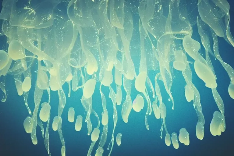 Image similar to “ translucent jellyfishes in the sky over a read ocean. ”