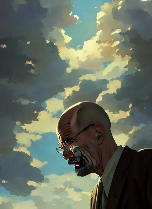 Image similar to walter white entering heaven, soft natural light, intricate, key visual, conceptart, ambient lighting, highly detailed, digital painting, artstation, sharp focus, by makoto shinkai, akihiko yoshida, greg manchess, dreamworks, ghibli, award winning