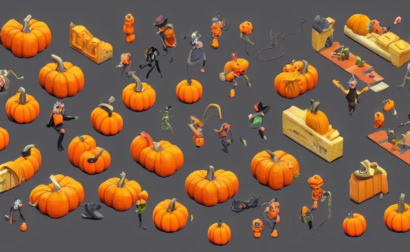 Prompt: 2004-2007 isometric halloween asset collection, sculpted, game asset, 3d render, in the style of yoworld, artstation, isometric by Miha Rinne