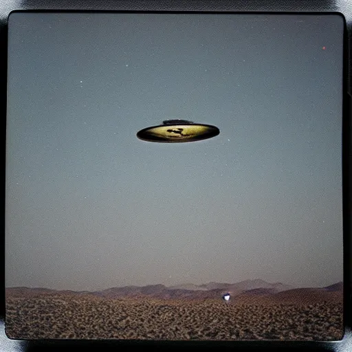 Prompt: a ufo flying over a the desert at night, distant!!, historical photo, old polaroid, expired film,