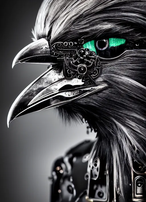 Image similar to a stunning young female crow mixed cyborg profile face, face is made intricate tribal bio - mechanical, editorial photography, bw, shot on 7 0 mm, depth of field, f / 2. 8, high contrast, 1 6 k, volumetric lighting, shiny, insanely detailed and intricate, hypermaximalist, elegant, ornate, hyper realistic, super detailed