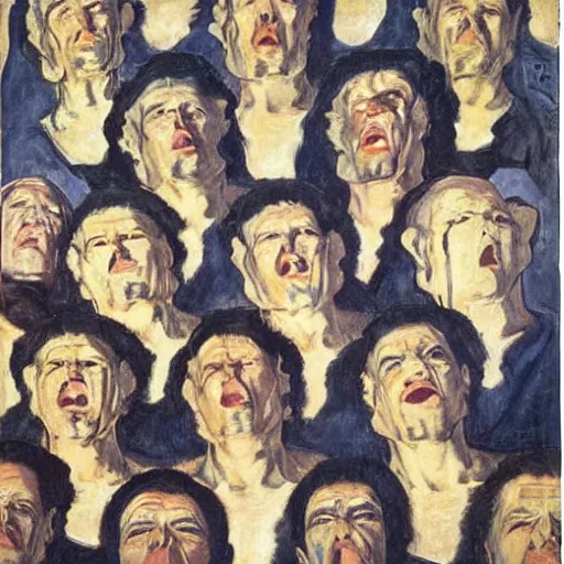 Image similar to faces of anxiet, xanax, painted by ferdinand hodler