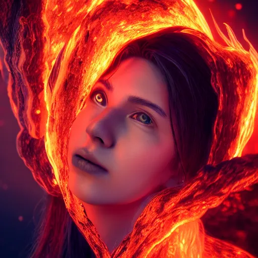 Image similar to portrait of a fire sprite, flames, dark, red glowing background lighting, hyper detailed, fairy tale, 4 k octane render