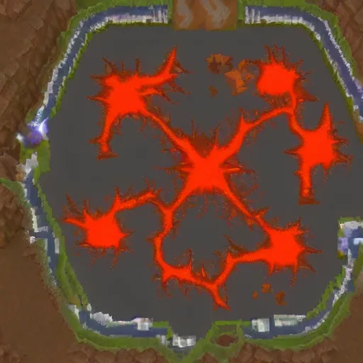 Image similar to TzKal-Zuk at the Inferno, old school runescape, lava river, magma, large shield of magma, obsidian pillars