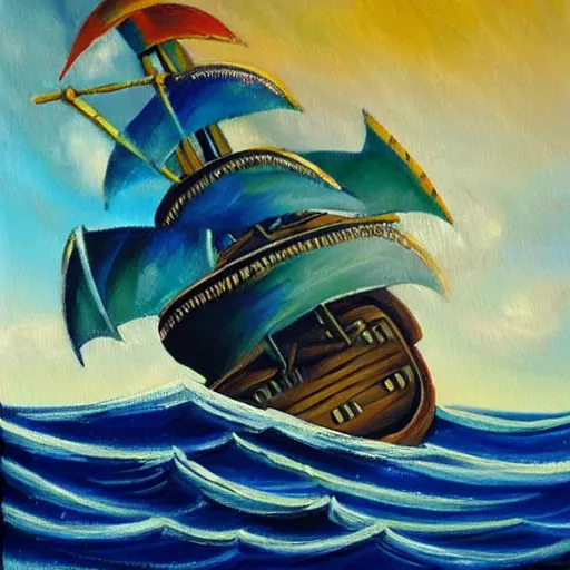 Image similar to pirate ship sailing on stormy seas, oil on canvas, vivid colors,