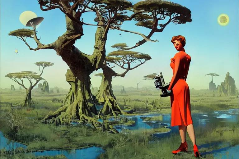 Prompt: 5 0 s pulp scifi illustration, woman holding retro ray gun stands beside tall martian creature, beautiful landscape, plain stretching into distance, pond, baobab trees, painted by bergey, craig mullins, ruan jia, raymond swanland, jeremy mann, beksinski, jack kirby, tom lovell, alex malveda, schomburg