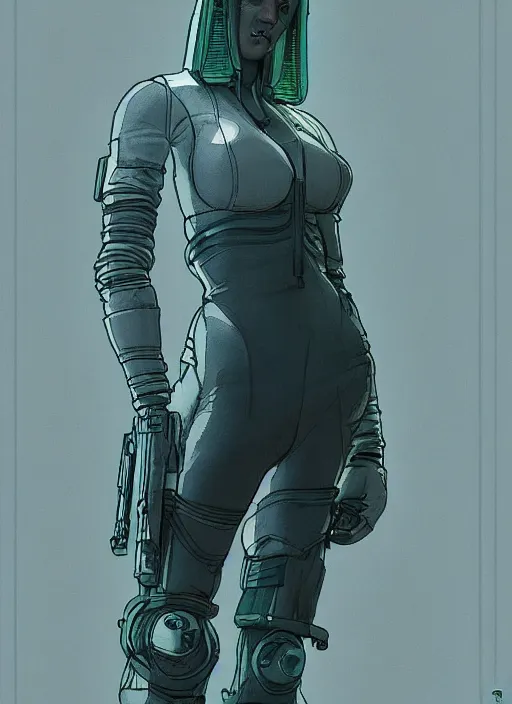 Prompt: cyberpunk prison guard. portrait by mœbius and will eisner and gil elvgren and pixar. realistic proportions. cyberpunk 2 0 7 7, apex, blade runner 2 0 4 9 concept art. cel shading. attractive face. thick lines.