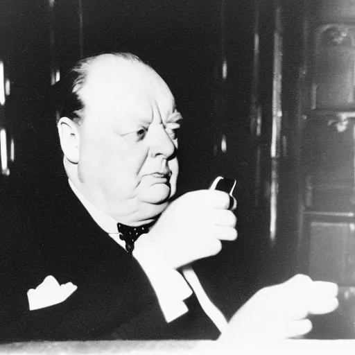 Image similar to A black and white photograph, circa 1940s, of Winston Churchill looking down at his smartphone