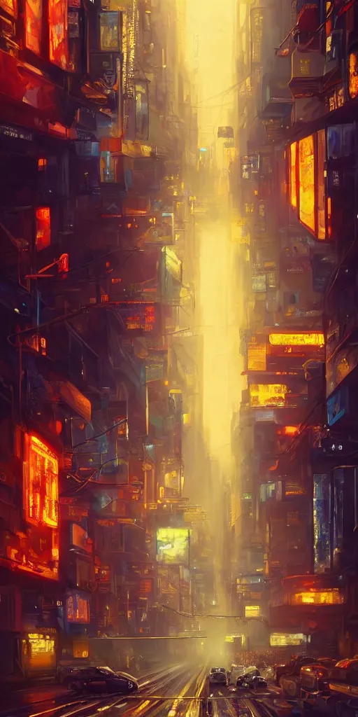 Image similar to an epic painting of the city street road, oil on canvas, cold colors, perfect composition, golden ratio, beautiful detailed, photorealistic, digital painting, artstation, concept art, smooth, sharp focus, illustration, cyberpunk background, artstation trending, octane render, unreal engine