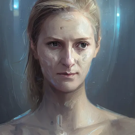 Image similar to portrait of a woman by greg rutkowski, she is about 3 0 years old, slavic, pretty, blond hair with two strans around her face, devastated expression, helplessness and denial, she is wearing a futuristic space gear, highly detailed portrait, digital painting, artstation, concept art, smooth, sharp foccus ilustration, artstation hq.