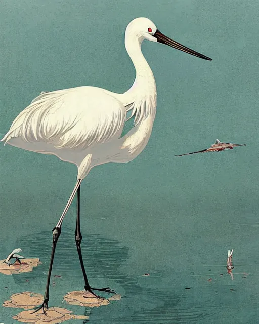 Image similar to a white crane bird hunting in shallow water by abandoned greek architecture, digital art, illustrated by james gurney and victo ngai