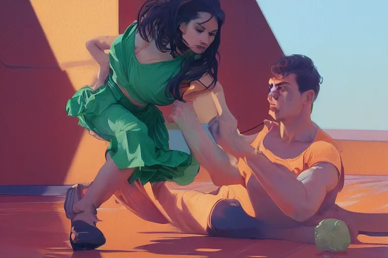 Image similar to portrait of a man in orange t - shirt wrestling with a girl in green dress, highly detailed, digital painting, artstation, concept art, smooth, sharp focus, illustration, art by artgerm and greg rutkowski and alphonse mucha