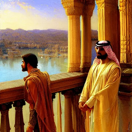 Prompt: attractive arab king confesses his love for his attractive male prince, in balcony of palace, above a river,. highly detailed painting by gaston bussiere, craig mullins, j. c. leyendecker