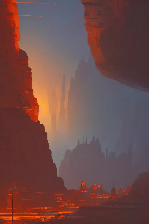 Image similar to ancient temples glowing orange in canyon, monks, geometric lines in the sky, floating planets, dramatic lighting, artstation, matte painting, ralph mcquarrie, simon stalenhag