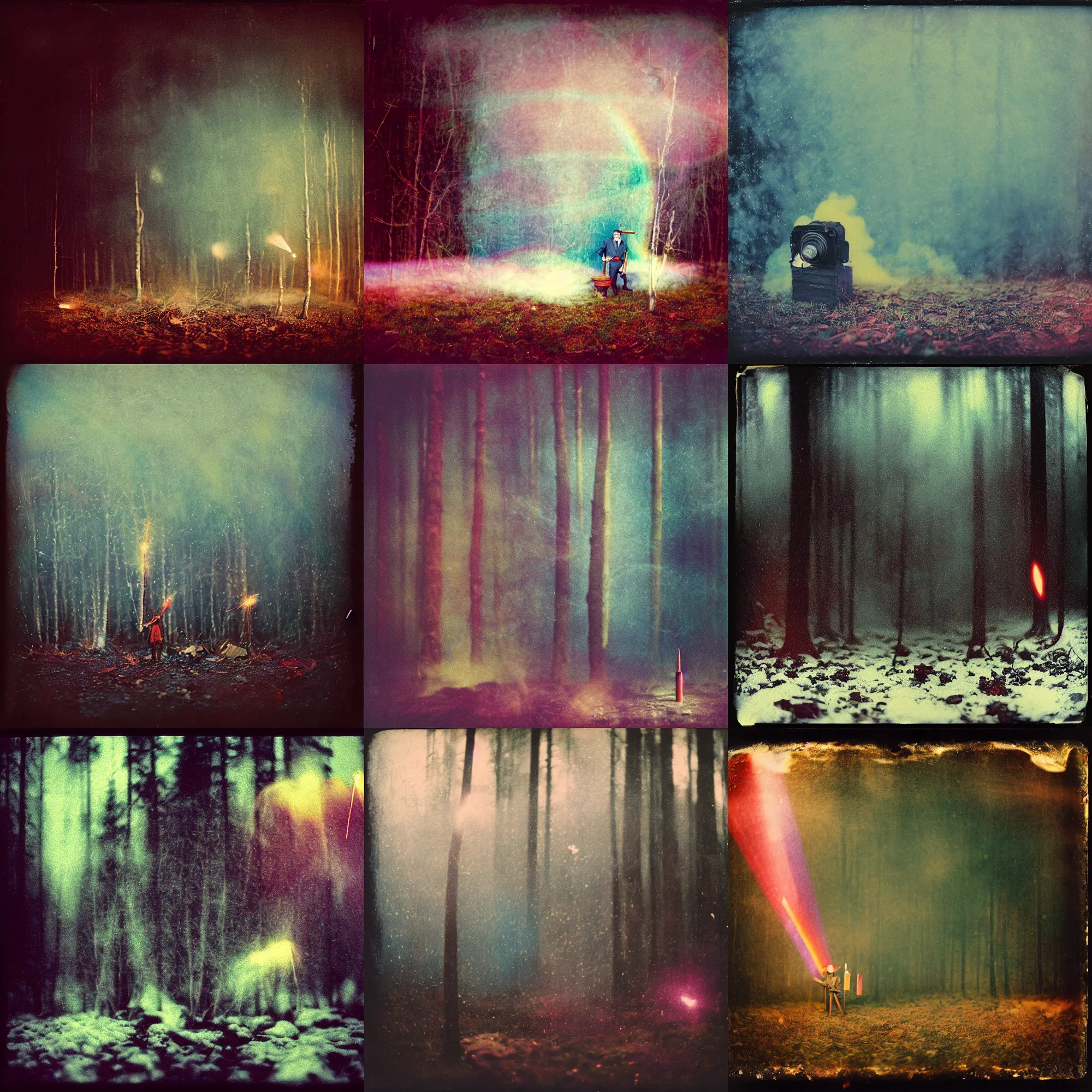 Prompt: kodak portra 4 0 0, wetplate, blueberry, 1 9 1 0 s style, motion blur, portrait photo of a backdrop, explosions, rockets, bombs, sparkling, lumberjack, forest, snow, rainbow coloured fog, by georges melies and by britt marling