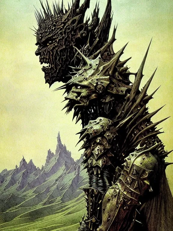 Image similar to A powerful large orc with pale skin covered in scars stands near the mountains, wearing spiky complex detailed armor without a helmet. Extremely high detail, realistic, fantasy art, scars, solo, masterpiece, saturated colors, art by Zdzisław Beksiński, Arthur Rackham