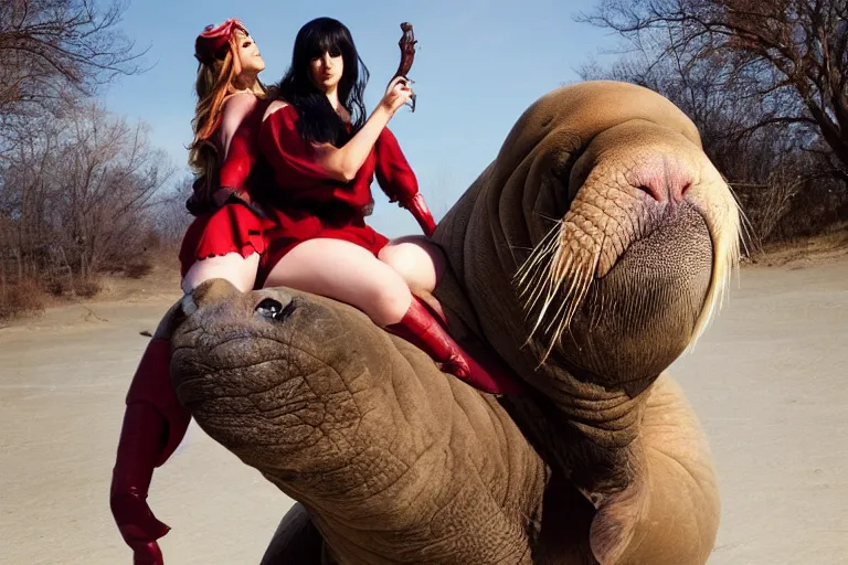 Image similar to a beautiful woman riding on the back of a walrus, cosplay, photoshoot