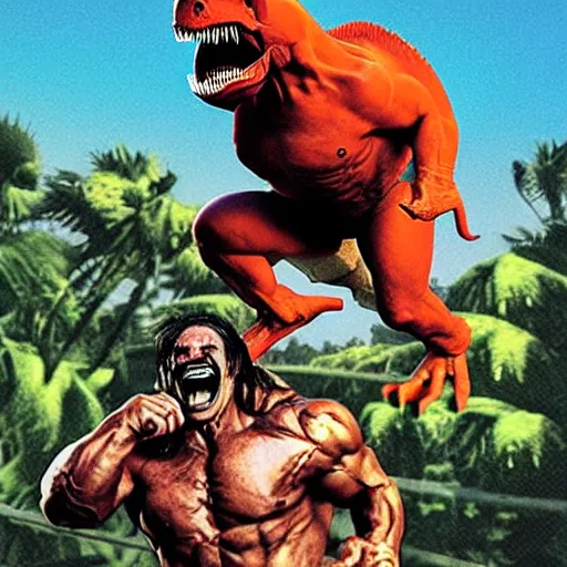 Prompt: hulk hogan riding a tyrannosaurus rex