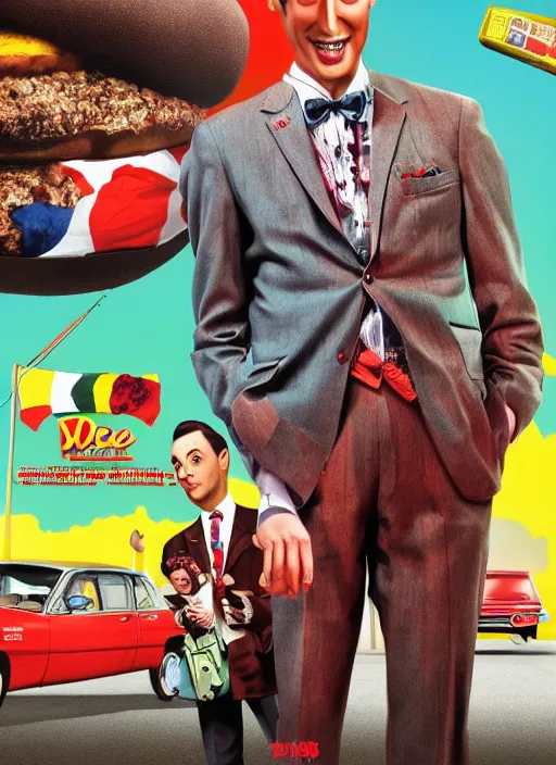 Image similar to Pee Wee Herman, Ghanaian movie poster, comedy, McDonalds, Drug dealers, highly detailed, HD, realism