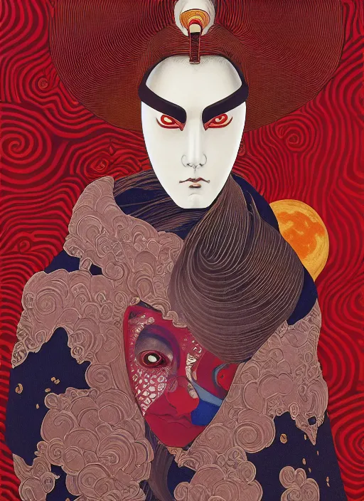 Image similar to portrait of a woman with a mask on his face in the form of a spiral in a golden kimono, full face, against the background of a bright red moon, sad motif, by hisashi eguchi, kentaro miura, and yoshitaka amano, soft colors, futuristic, 8 k