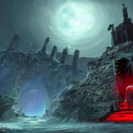 Image similar to penguin with red glowing eyes in the foreground, eternal necropolis tower in the background, guild wars 2 art style