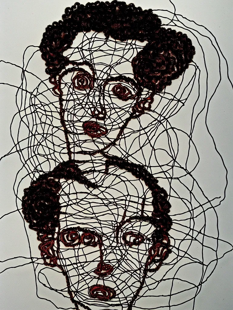 Prompt: wire art portrait inspired by egon schiele