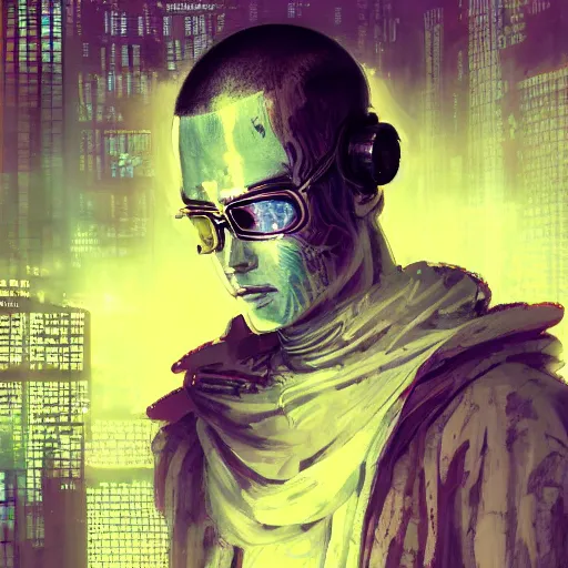 Prompt: highly detailed portrait of a cyberpunk hacker dressed as a buddhist monk in a futuristic buddhist temple by wadim kashin, dark colors, high contrast