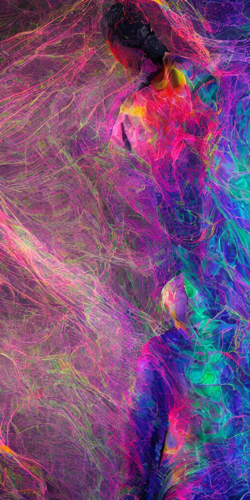 Prompt: faceless man in a multicolored metallic suit, hidden behind torn cloth swirling violently, abstract cloth simulation, tattered fabric, rags, ragged, ephemeral, gradients, hyperdetailed, hyper realistic, Cozy, soft light, caustic, atmospheric fog, Octane Render, cinematic