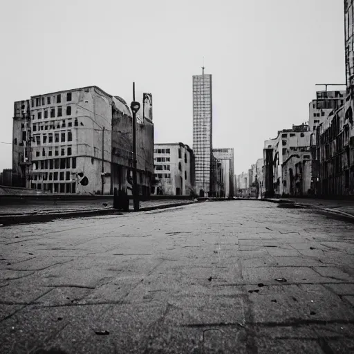 Prompt: a desolate cityscape ; the only sound is the wind, blowing through the empty streets and buildings