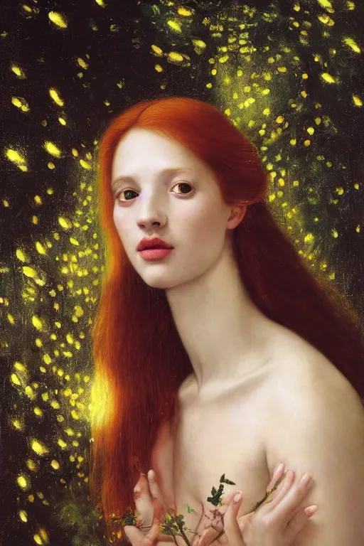 Image similar to portrait of happy a young woman, among the lights of golden fireflies and nature, long loose red hair, intricate details, bright green eyes, freckles on the nose, round gentle face, intricate dress, golden ratio, hyper realistic digital art by artemisia lomi gentileschi and caravaggio, gaston bussiere and tomacz alen kopera.