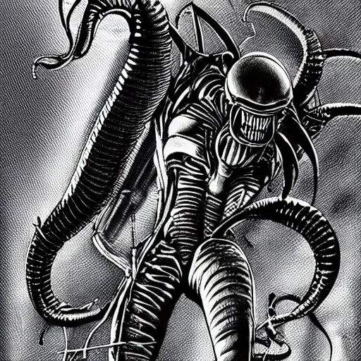 Prompt: a poster of alien xenomorph, spaceship, in 1 bit color, black and white, dithering style, extremely detailed, by miura kentaro