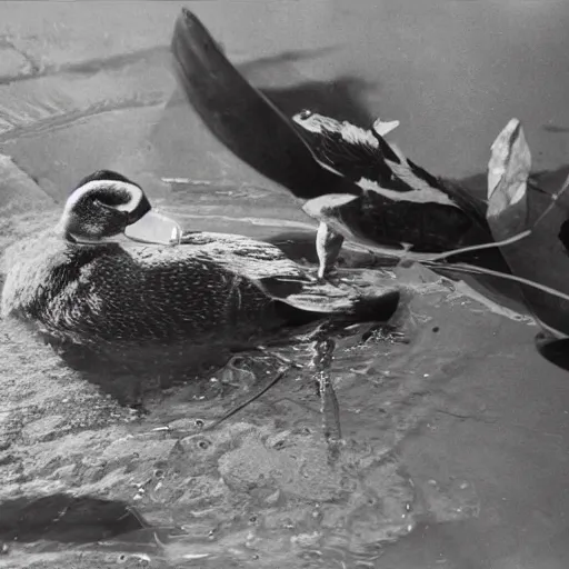 Prompt: a duck inventing the world's first computer, b & w photograph