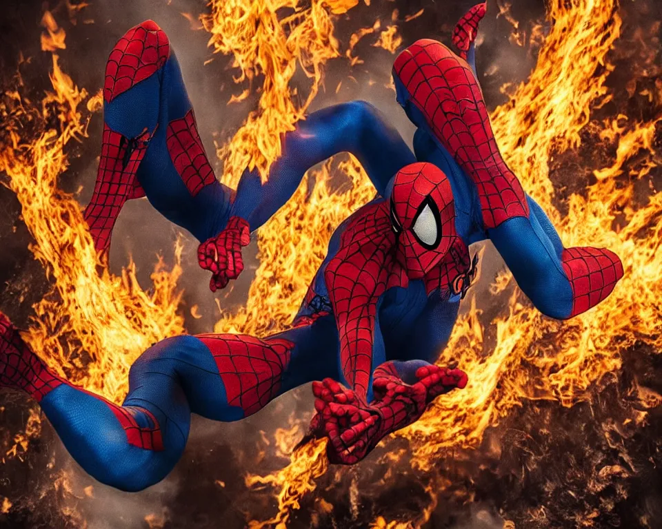 Prompt: a horror movie poster featuring Spider Man on fire