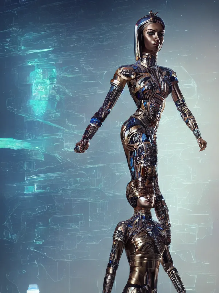 Image similar to full body portrait of the muscular Egyptian Android Pharaoh Queen, by DC comics and Sandra Chevrier and beeple, artstation, volumetric lighting and fog, hyperrealism, hyper detailed futuristic royalty, award winning costume design, cybernetic bionic ancient cyborg, fashion show runway, futuristic fine textures, woven with electricity, high fashion superpowers, floating dust particles, bokeh, mystic haze, 4k UHD, HDR