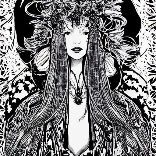 Prompt: black and white pen and ink!!!!!!! sorcerer beautiful attractive long hair Zoë Kravitz wearing High Royal flower print robes flaming!!!! final form flowing ritual royal!!! Contemplative stance Vagabond!!!!!!!! floating magic witch!!!! glides through a beautiful!!!!!!! Camellia!!!! Tsubaki!!! death-flower!!!! battlefield behind!!!! dramatic esoteric!!!!!! Long hair flowing dancing illustrated in high detail!!!!!!!! by Hiroya Oku!!!!!!!!! graphic novel published on 2049 award winning!!!! full body portrait!!!!! action exposition manga panel black and white Shonen Jump issue by David Lynch eraserhead and beautiful line art Hirohiko Araki!! Frank Miller, Kentaro Miura!, Jojo's Bizzare Adventure!!!! 3 sequential art golden ratio technical perspective panels horizontal per page