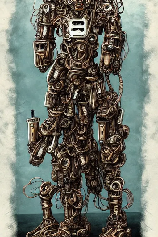 Image similar to wild monstorous anthropomorphic biomechanical bear warrior wearing dreadlocks made of cables and wires. Upgraded with hightech cyberwares. huge, big, giant bear human hybrid, mecha animal, tall, detailed woodcut armor, terrifying and dangerous, scary, beautiful, steampunk monster android hybrid art portrait, matte scifi fantasy painting, half robot half bear. DeviantArt Artstation, by Jason Felix by Steve Argyle by Tyler Jacobson by Peter Mohrbacher, cinematic lighting