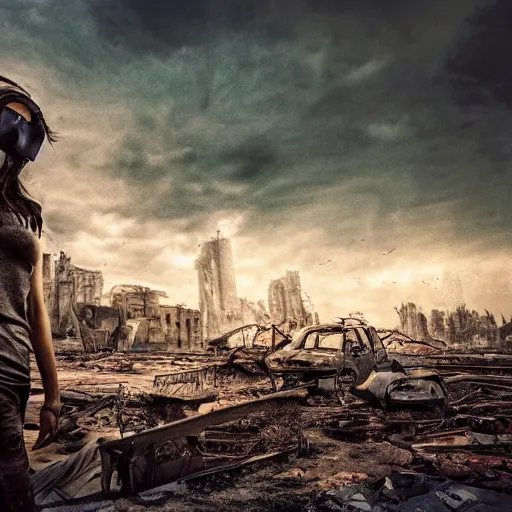 Image similar to pretty face, wide angle lens, photorealistic, 4k, background of destroyed city, post apocalyptic landscape, steakpunk, soft lighting, portrait