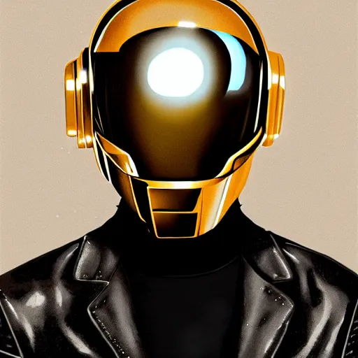 Image similar to portrait of Daft Punk by Greg Rutkowski, wearing a leather jacket, highly detailed portrait, digital painting, artstation, concept art, smooth, sharp foccus ilustration, Artstation HQ