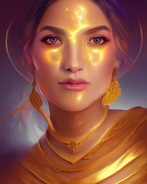 Prompt: digital painting portrait of a beautiful lunar priestess, gilding, celestial aura, radiant lighting, artgerm, gilded, artstation