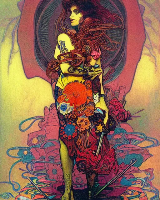 Image similar to rainbow flowerpunk portrait of a skateboarding tattooed matriarch by paul lehr, beksinski, alphonse mucha